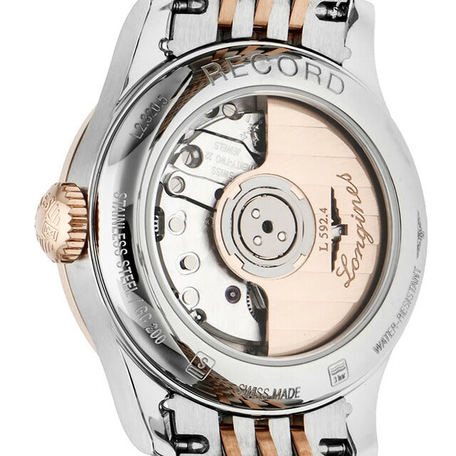 ロンジン レコード 自動巻き 腕時計 ブランド レディース LONGINES L2.320.5.57.7 アナログ ブラック シルバー ピンクゴールド 黒 スイス製 L2-320-5-57-7
