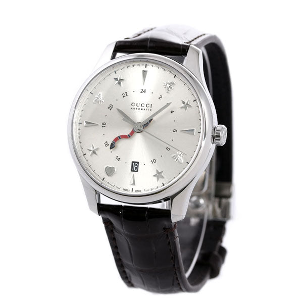 グッチ 時計 Gタイムレス 40mm GMT スネーク 蛇 自動巻き 機械式 メンズ 腕時計 ブランド YA126332 G-TIMELESS シルバー ダークブラウン 革ベルト YA126332