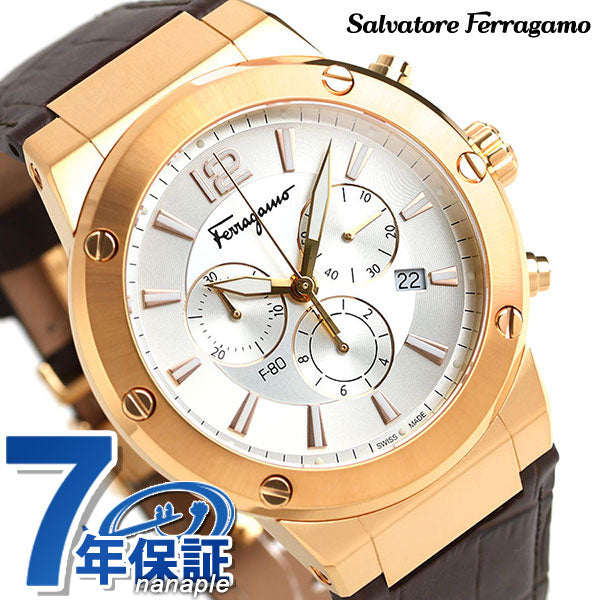 フェラガモ エフエイティ 44mm クロノグラフ メンズ 腕時計 SFEX00419 Salvatore Ferragamo シルバー ブラウン 革ベルト 時計 SFEX00419