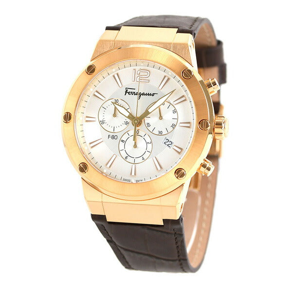 フェラガモ エフエイティ 44mm クロノグラフ メンズ 腕時計 SFEX00419 Salvatore Ferragamo シルバー ブラウン 革ベルト 時計 SFEX00419