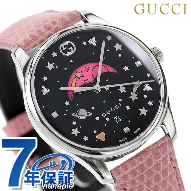 Gucci手表G Time Les Quartz观看品牌男女女士月球皮革皮带YA1264046黑色粉红色黑色黑色瑞士