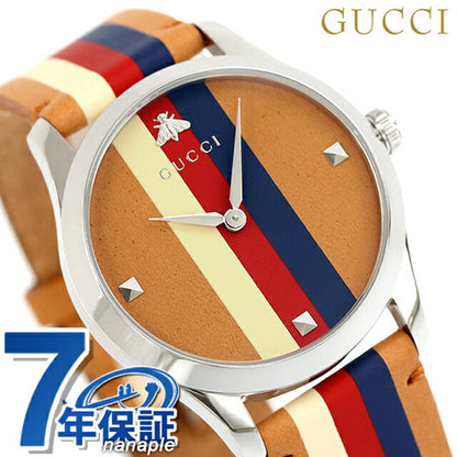 Gucci观看G Time Les Quartz观看男士女士皮革皮带Gucci YA1264078由棕色瑞士制造